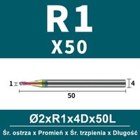 Frez kulowy, kula 2-ostrzowy VHM powłoka DLC Rozmiar: Ø2.0xR1x4Dx50L