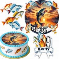 ZESTAW OPŁATEK NA TORT 20CM + 16 POSTACI - WĘDKARSKIE RYBAK +IMIĘ 15CM 18CM