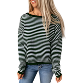 Bluzka damska longsleeve w paski bawełniana biało-zielona w serek rozm M