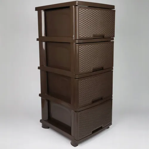 REGAŁ ŁAZIENKOWY BRĄZOWA KOMODA STOJAK SŁUPEK SZAFKA Z 4 KOSZAMI RATTAN na Arena.pl