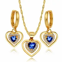 Złoty Komplet Kolczyki Naszyjnik Wiszące Szafirowe Serca srebro 925 ZŁOCONE