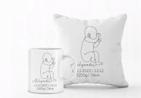 Zestaw PODUSZKA i KUBEK z nadrukiem z metryczką i imieniem dziecka PREZENT