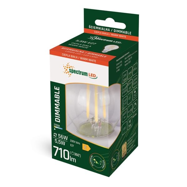 LED GLS E-27 230V 5.5W COG WW CLEAR DIMMABLE SPECTRUM zdjęcie 2