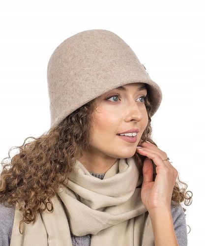 Jasnobeżowy Kapelusz Bucket Czapka Damski Wełniany Elegancki Gładki na Arena.pl