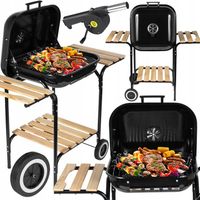 GRILL WĘGLOWY OGRODOWY Z POKRYWĄ CHROMOWANY RUSZT PÓŁKI KÓŁKA DMUCHAWA