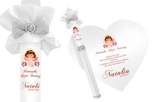 Biała szatka i świeca do Chrztu imię data WZORY na Arena.pl