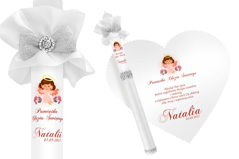 Biała szatka i świeca do Chrztu imię data WZORY zdjęcie 2