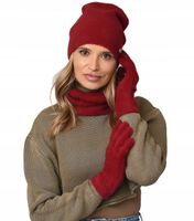 Bordowy komplet damski Czapka + Szalik komin+ rękawice ZESTAW Zimowy ciepły