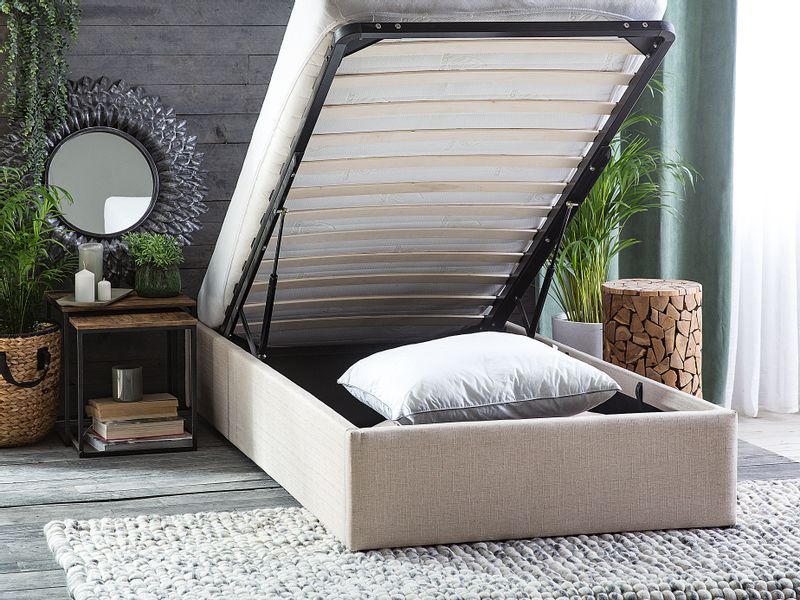 Łóżko z pojemnikiem tapicerowane 90 x 200 cm beżowe DINAN zdjęcie 3