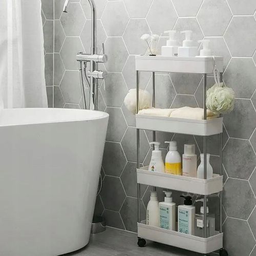 PÓŁKA ŁAZIENKOWA KUCHENNA SZAFKA NA KÓŁKACH REGAŁ 4 POZIOMOWY Z HACZYKAMI na Arena.pl