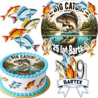 ZESTAW OPŁATEK NA TORT 20CM + 16 POSTACI - WĘDKARSKIE RYBAK +IMIĘ 15CM 18CM