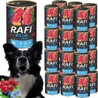 karma mokra dla psów rafi z jagnięciną, borówką i żurawiną 400g - 24 szt.