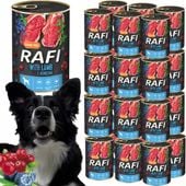 karma mokra dla psów rafi z jagnięciną, borówką i żurawiną 400g - 24 szt.