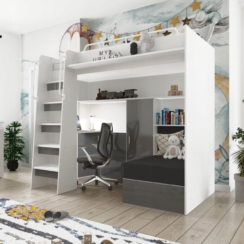 Łóżko piętrowe JSM7 z sofą i biurkiem połysk + materac grafitowe na Arena.pl