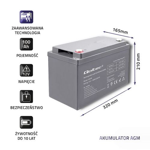 Qoltec Akumulator AGM  | 12V | 100Ah | max 1200A na Arena.pl