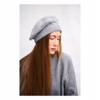 Beret Damski z Angory Czarny Koraliki Elegancki Ocieplany Zimowy