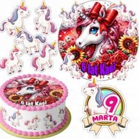 ZESTAW OPŁATEK NA TORT 20CM + 16 POSTACI - JEDNOROŻEC + IMIĘ 15CM 18CM