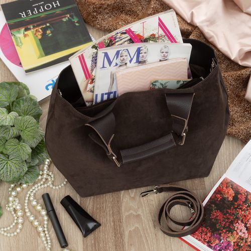 VERA PELLE torebka damska zamszowa shopper duża z paskiem V680 c.brązowa na Arena.pl