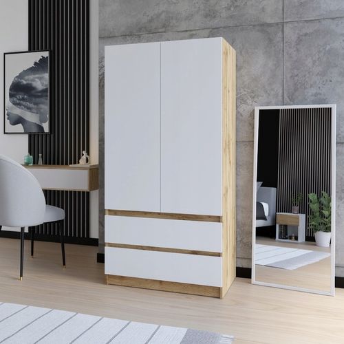 SZAFA DĄB WOTAN BIAŁA GARDEROBA DUŻA NA UBRANIA OTWIERANA 2 SZUFLADY na Arena.pl