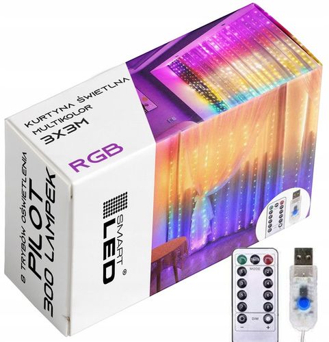 Kurtyna Świetlna LED 3x3 M Lampki świąteczne choinkowe girlanda RGB pilot na Arena.pl
