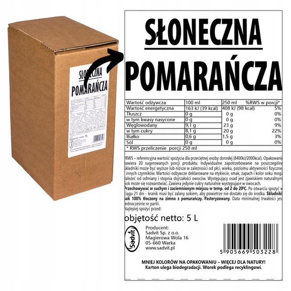 Sok z pomarańczy 100% pomarańczowy NFC pomarańcz tłoczony 5L do drinków zdjęcie 3