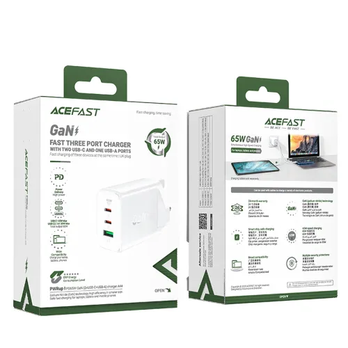 Acefast ładowarka GaN 65W 3 porty (1xUSB, 2xUSB C PD) wtyczka UK biała A44 na Arena.pl
