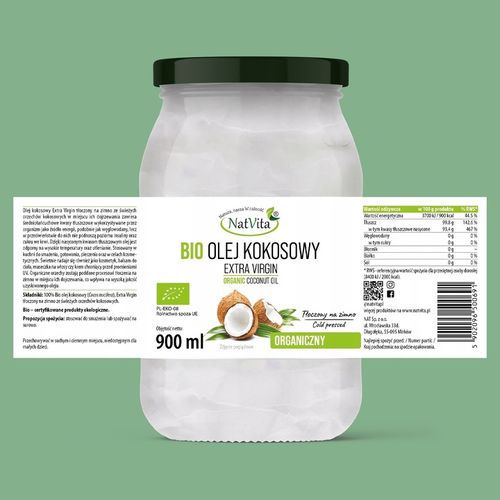 Olej Kokosowy BIO Extra Virgin 900ml Nierafinowany Ekologiczny NatVita na Arena.pl