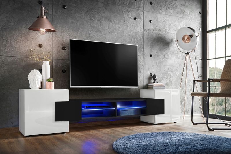 Pan Igiełka Szafka RTV LED RGB Pilot Połysk Mat Czarny Biały Dąb Wotan Loft zdjęcie 1