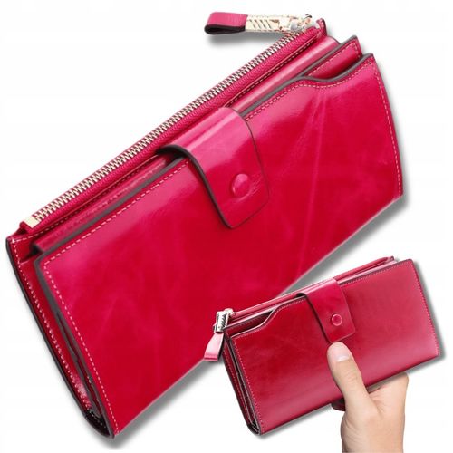 Portfel damski skórzany duży lakierowany pojemny RFID z paskiem czerwony na Arena.pl