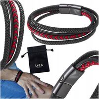 BRANSOLETKA MĘSKA SKÓRZANA CZARNA CZERWONA ZE SKÓRY STAL NA PREZENT 21 CM