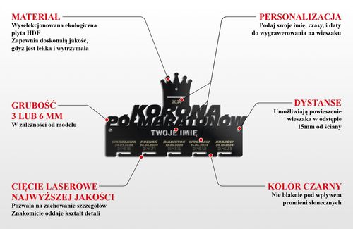 Wieszak na medale KORONA PÓŁMARATONÓW twoje imię dowolny tekst 283.3 na Arena.pl