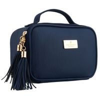 granatowa kosmetyczka z tkaniny syntetycznej wyposażona w cztery