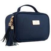 granatowa kosmetyczka z tkaniny syntetycznej wyposażona w cztery