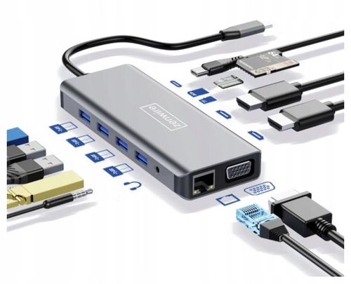 ADAPTER HUB Stacja Dokująca 12w1 USB-C 2x HDMI VGA USB Jack SD Ethernet LAN na Arena.pl