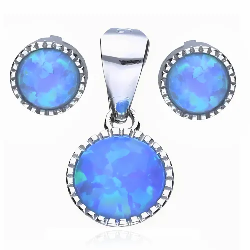 OKRĄGŁY RODOWANY SREBRNY KOMPLET ZE WZORKIEM NIEBIESKI OPAL KÓŁKA na Arena.pl