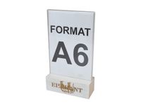 stojak na menu plexi + biała drewniana podstawka z grawerem A6 10 szt