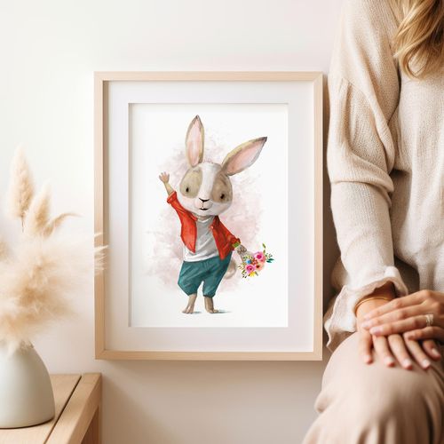 Plakat zając z bukietem kwiatów 21x29,7 cm A4 na Arena.pl