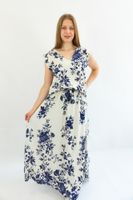 Beżowo-Granatowy Komplet Dwuczęściowy Spódnica i Bluzka w Kwiaty UNI