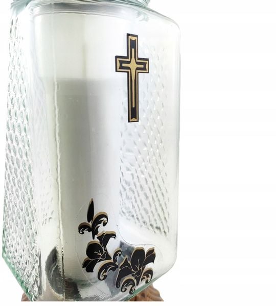 Szklany znicz krzyżem i lilią kwadratowy lampion z wkładem ZŁOTY 6szt. zdjęcie 4
