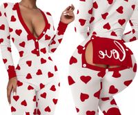 PIŻAMA Damska Z KLAPKĄ NA PUPIE w SERDUSZKA LOVE Biało-Czerwona L