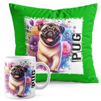 ZESTAW KUBEK + PODUSZKA ZIELONA - PIES PSY PIESEK RASA MOPS PUG