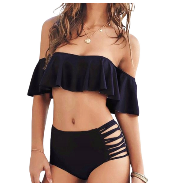 Kostium dwuczęściowy strój kąpielowy bikini na basen wysoki stan falbanka zdjęcie 1