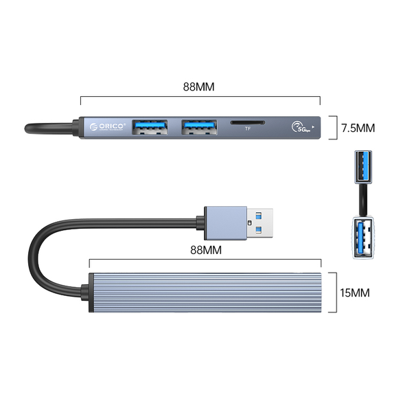 Orico Hub USB-A 5Gbps 3*USB-A, microSD, alu zdjęcie 3