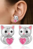 Kolczyki Srebrne Dla Dziewczynki Rodowane Kotki Srebro 925 Sztyfty Serce