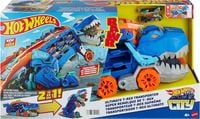 HOT WHEELS T-REX MEGA TRANSPORTER dinozaur 2w1 TORY WYŚCIGOWE +2 AUTKA