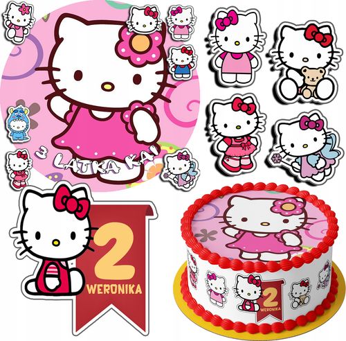 ZESTAW OPŁATEK NA TORT 30CM + 17 POSTACI - KOTEK HELLO + IMIĘ 24CM 26CM na Arena.pl