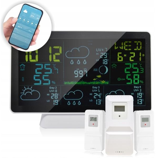 STACJA POGODY WiFi 3 CZUJNIKI UV hPa TEMP WILGOTNOŚĆ FAZY KSIĘŻYCA BUDZIK zdjęcie 1