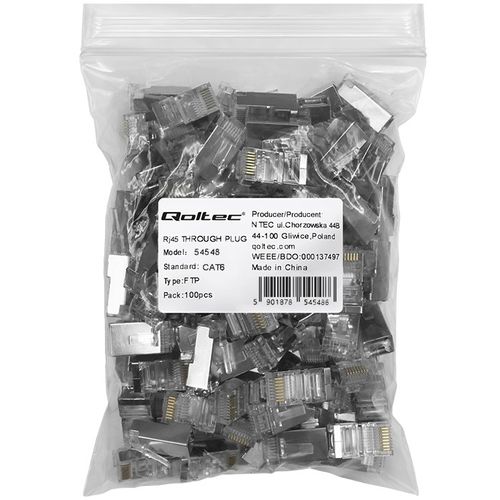 Qoltec Wtyk przelotowy złącze RJ45 CAT6 FTP Pozłacane styki 100 sztuk na Arena.pl