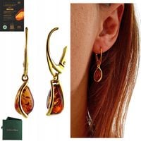 KOLCZYKI ZŁOTE Z CERTYFIKOWANYM BURSZTYNEM WISZĄCE SREBRO POZŁACANE PIĘKNE