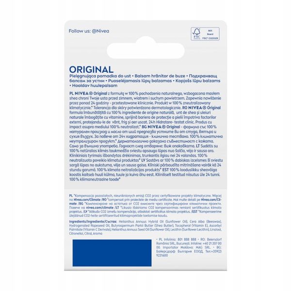 NIVEA ORIGINAL CARE Pomadka ochronna do ust 5,5ml zdjęcie 3